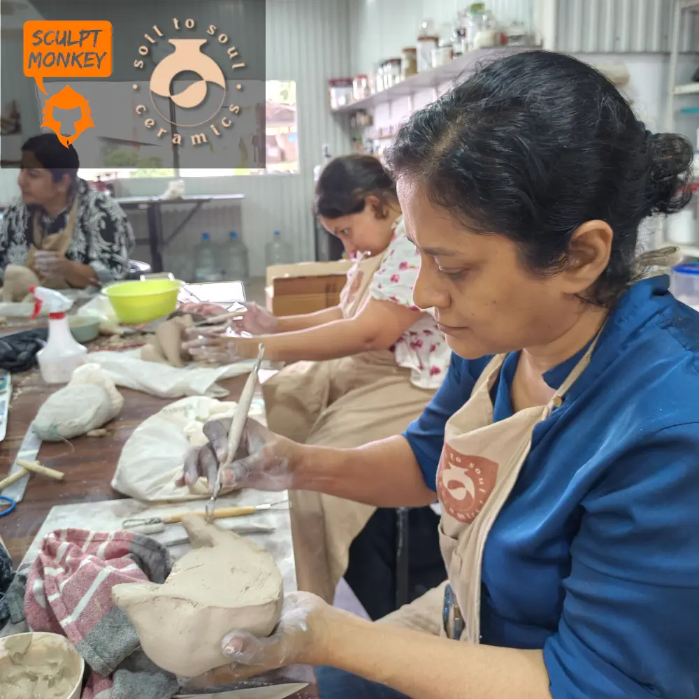 Beauty, Stephy & Alia working on their Polar Bear at Soil to Soul Ceramics Animal Sculpting Workshop